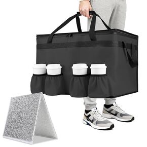 حقيبة معزولة لتوصيل الطعام مع 4 حاملات أكواب، أكياس بقالة معزولة كبيرة الحجم مع سحاب علوي، أكياس تبريد مع حامل للمشروبات، حقيبة تقديم الطعام، سخانات الطعام التجارية، أسود in Kuwait