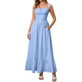 مشد فستان ماكسي بأربطة وانسيابية على شكل حرف A للنساء فستان الشمس مع جيوب in Kuwait