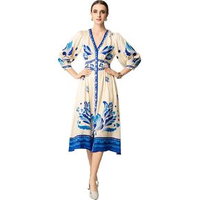 Women's V-Neck Floral Collar Elegant Blue-and-White Porcelain Long-Sleeve Printed Maxi Dress in Saudi Arabia