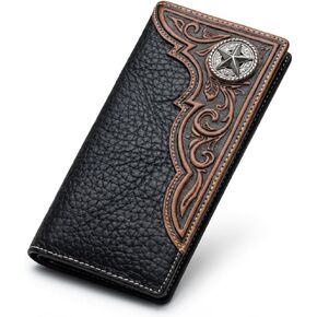 Men's Long Leather Wallet – Western Tooled Bifold Checkbook Organizer with Cowboy Concho (Cowboy Praying, Black) in Saudi Arabia