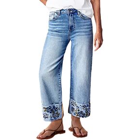 بنطال جينز مطرز للنساء بأرجل مستقيمة وأكمام قصيرة كابري من قماش الدنيم قابل للتمدد عصري in Kuwait