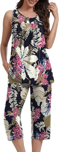 Women's Pajama Sets 2 Piece Summer Pj Set Sleeveless Tank Top and Capri Pant Lounge Sleepwear Outfits with Pockets in Kuwait