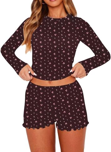 Dressmine Women Casual Pajamas Set 2 Piece PJs Sexy Square Neck Long Sleeve Tops Cute Pants Sets Sleepwear Srping PJ Clothes in Kuwait