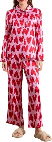 Aopwsrlyi Women's Satin Pajama Sets Valentine's Day Pjs Heart Print Button Up Shirt + Pants Lounge Set 2Pc Sleepwear in Saudi Arabia