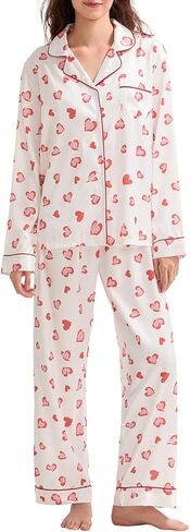 Womens 2 Piece Outfit Cotton Pajamas Pants Set Heart Print LongSleeve Button Shirt with Long Pants Loungewear in Kuwait