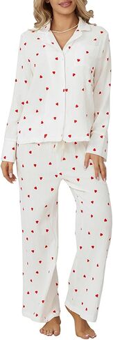 Womens 2 Piece Outfit Cotton Pajamas Pants Set Heart Print LongSleeve Button Shirt with Long Pants Loungewear in Saudi Arabia
