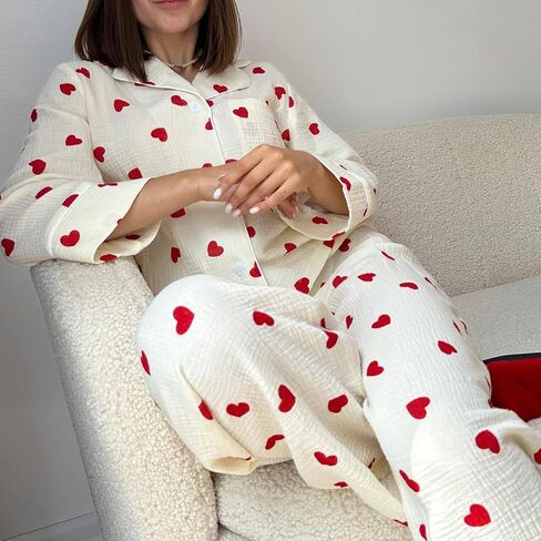 Womens 2 Piece Outfit Cotton Pajamas Pants Set Heart Print LongSleeve Button Shirt with Long Pants Loungewear in Saudi Arabia
