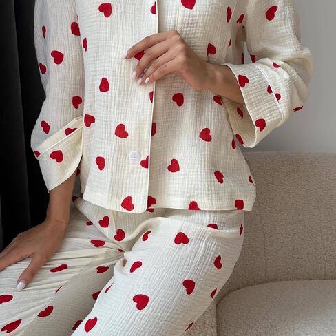 Womens 2 Piece Outfit Cotton Pajamas Pants Set Heart Print LongSleeve Button Shirt with Long Pants Loungewear in Saudi Arabia