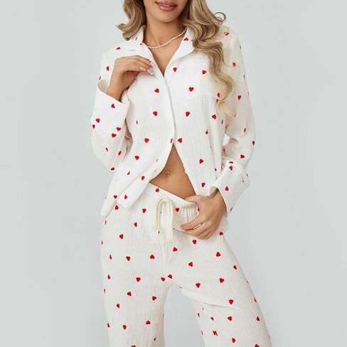 Womens 2 Piece Outfit Cotton Pajamas Pants Set Heart Print LongSleeve Button Shirt with Long Pants Loungewear in Saudi Arabia
