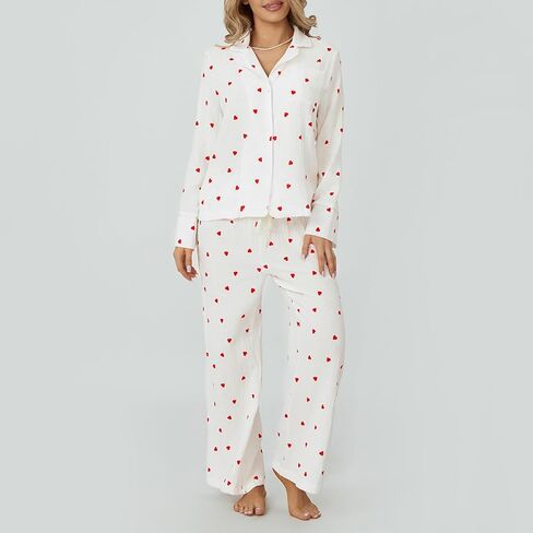 Womens 2 Piece Outfit Cotton Pajamas Pants Set Heart Print LongSleeve Button Shirt with Long Pants Loungewear in Saudi Arabia