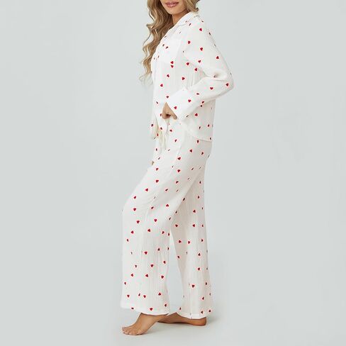 Womens 2 Piece Outfit Cotton Pajamas Pants Set Heart Print LongSleeve Button Shirt with Long Pants Loungewear in Saudi Arabia