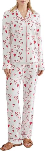 Womens 2 Piece Outfit Cotton Pajamas Pants Set Heart Print LongSleeve Button Shirt with Long Pants Loungewear in Saudi Arabia