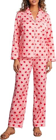 Womens 2 Piece Outfit Cotton Pajamas Pants Set Heart Print LongSleeve Button Shirt with Long Pants Loungewear in Saudi Arabia