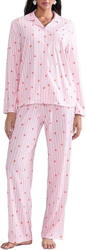 Womens 2 Piece Outfit Cotton Pajamas Pants Set Heart Print LongSleeve Button Shirt with Long Pants Loungewear in Saudi Arabia