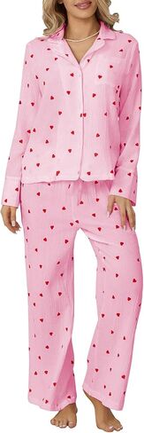 Womens 2 Piece Outfit Cotton Pajamas Pants Set Heart Print LongSleeve Button Shirt with Long Pants Loungewear in Saudi Arabia