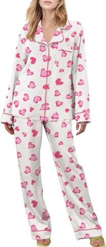 Womens 2 Piece Outfit Cotton Pajamas Pants Set Heart Print LongSleeve Button Shirt with Long Pants Loungewear in Saudi Arabia