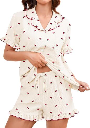SWOMOG Women's Pajama Sets Cute Ruffle Matching PJs Sleepwear Button Down Short Sleeve Loungewear 2 Piece PJ Set in Saudi Arabia