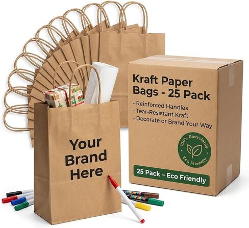 Premium 10x5x13 Paper Bags with Handles - Pack of 100, Kraft Paper Bags Ideal for Shopping, Wedding, Business, Retail, Craft, Gifts & More - Durable, 100% Recyclable Brown Quality Bags in Kuwait