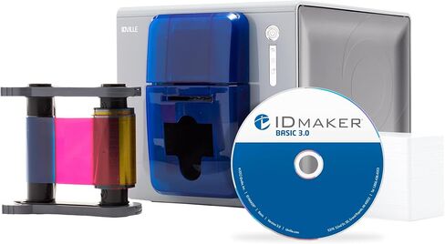 ماكينة طباعة بطاقات ID Maker Zenius ذات وجه واحد ومجموعة مستلزمات لطباعة الشارات - طباعة شارة تعريف الجودة الاحترافية - برنامج IDMaker، شريط ملون 200 طباعة، 200 بطاقة PVC in Kuwait