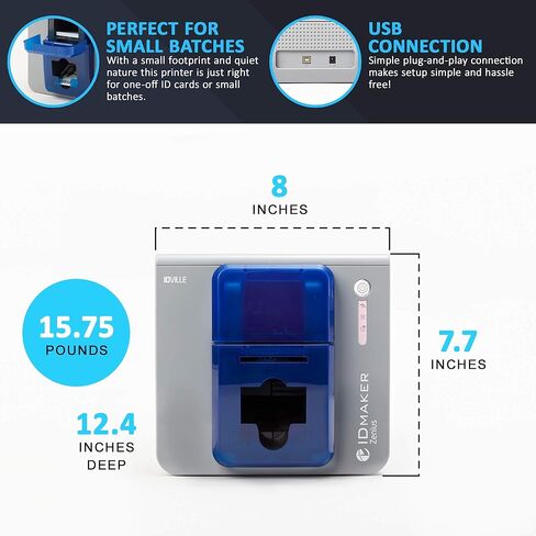 ماكينة طباعة بطاقات ID Maker Zenius ذات وجه واحد ومجموعة مستلزمات لطباعة الشارات - طباعة شارة تعريف الجودة الاحترافية - برنامج IDMaker، شريط ملون 200 طباعة، 200 بطاقة PVC in Kuwait