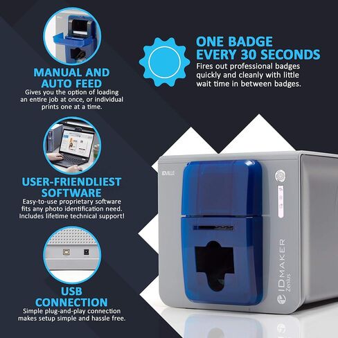 ماكينة طباعة بطاقات ID Maker Zenius ذات وجه واحد ومجموعة مستلزمات لطباعة الشارات - طباعة شارة تعريف الجودة الاحترافية - برنامج IDMaker، شريط ملون 200 طباعة، 200 بطاقة PVC in Kuwait