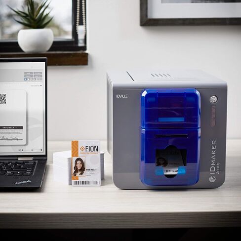 ماكينة طباعة بطاقات ID Maker Zenius ذات وجه واحد ومجموعة مستلزمات لطباعة الشارات - طباعة شارة تعريف الجودة الاحترافية - برنامج IDMaker، شريط ملون 200 طباعة، 200 بطاقة PVC in Kuwait