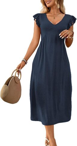Women's V-Neck Dress Casual Perfect for Daily Wear Vacation Beach Outfits Comfortable Stylish Summer Long Dresses D539 in Saudi Arabia
