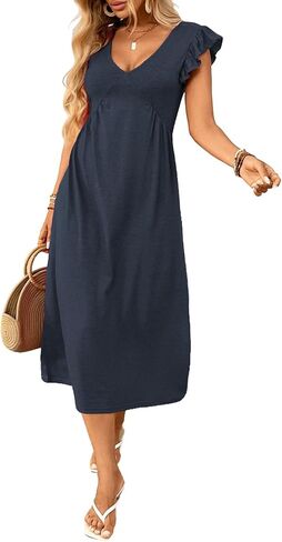 Women's V-Neck Dress Casual Perfect for Daily Wear Vacation Beach Outfits Comfortable Stylish Summer Long Dresses D539 in Saudi Arabia