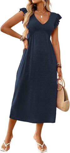 Women's V-Neck Dress Casual Perfect for Daily Wear Vacation Beach Outfits Comfortable Stylish Summer Long Dresses D539 in Saudi Arabia