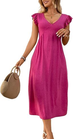 Women's V-Neck Dress Casual Perfect for Daily Wear Vacation Beach Outfits Comfortable Stylish Summer Long Dresses D539 in Saudi Arabia
