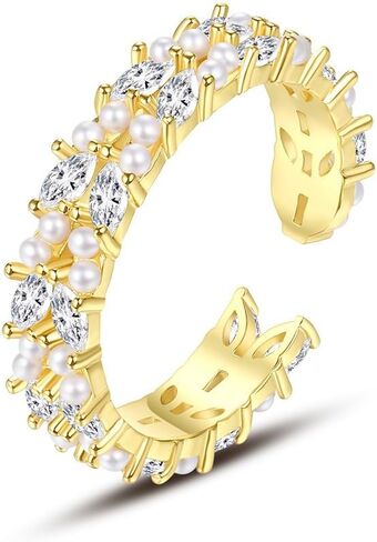 Adjustable 14K Gold Pearl and Moissanite Open Ring, Minimalist Statement Ring Perfect for Engagements and Women's Day in Saudi Arabia