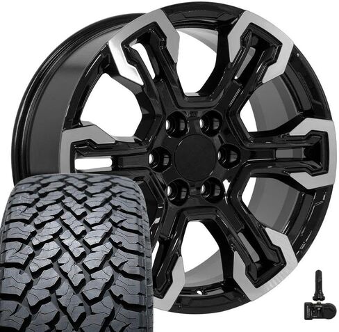 OE Wheels CV65 20 Inch Rims and Tires Fit Silverado 1500 ZR2 Style 6x139.7 20x9 Gloss Black Machined - Hollander 14089 - TS-37 AT 275/55-20 (Set of 4) in Saudi Arabia