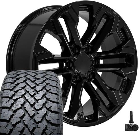 OE Wheels CV69 20 Inch Rims and Tires Fit Silverado 1500 Style 6x139.7 20x9 Gloss Black - Hollander 5905 - TS-37 AT 275/55-20 (Set of 4) in Saudi Arabia