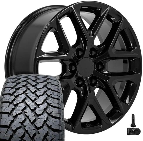 إطارات وإطارات OE Wheels CV62 مقاس 20 بوصة تناسب Silverado 1500 Style 6x139.7 20x9 أسود لامع - هولاندر 14078 - TS-37 AT 275/55-20 (مجموعة من 4) in Saudi Arabia