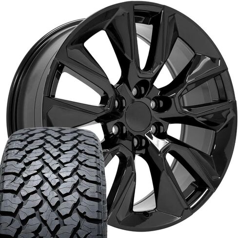 OE Wheels CV32 22 Inch Rims and Tires Fit Silverado 1500 Style 6x139.7 22x9 Gloss Black - Hollander 5916 - TS-37 AT 285/45-22 (Set of 4) in Saudi Arabia