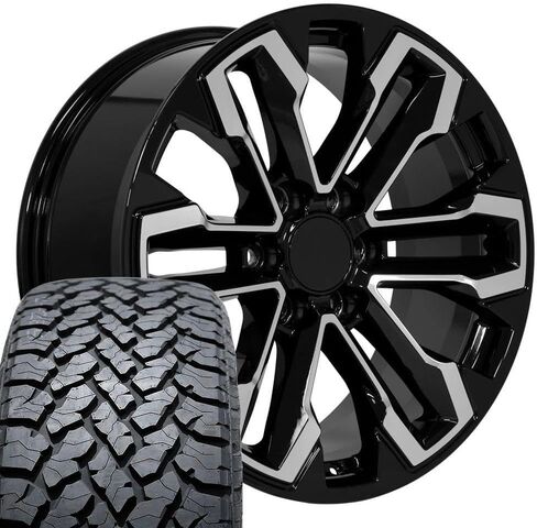 OE Wheels CV69 20 Inch Rims and Tires Fit Silverado 1500 Style 6x139.7 20x9 Gloss Black Machined - Hollander 5905 - TS-37 AT 275/55-20 (Set of 4) in Saudi Arabia
