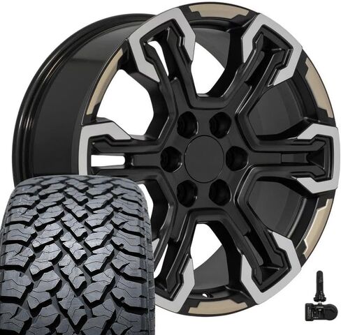 OE Wheels CV65 20 Inch Rims and Tires Fit Silverado 1500 ZR2 Style 6x139.7 20x9 Satin Black Machined Face - Two Tone - Hollander 14089 - TS-37 AT 275/55-20 (Set of 4) in Saudi Arabia