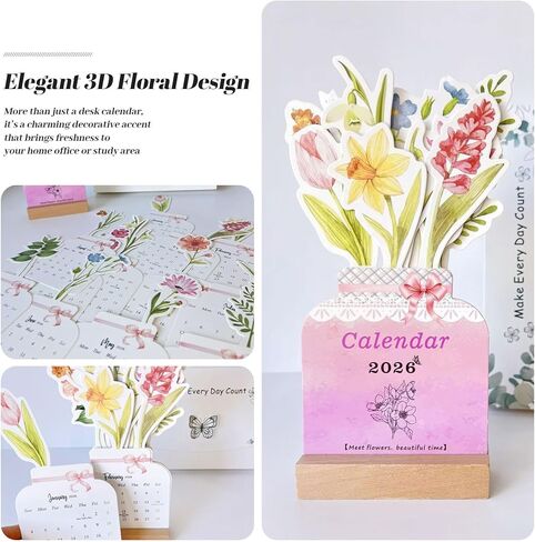 تقويم مكتب زهور ثلاثي الأبعاد من Bloomy Flowers 2026، تقويم زهور منبثق مع قاعدة خشبية، تقويم مكتبي شهري صغير، هدية ديكور مكتب جمالية للمنزل والمكتب والمدرسة in Kuwait