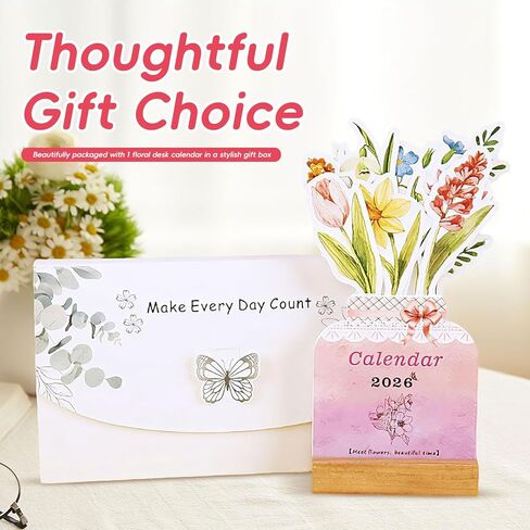 تقويم مكتب زهور ثلاثي الأبعاد من Bloomy Flowers 2026، تقويم زهور منبثق مع قاعدة خشبية، تقويم مكتبي شهري صغير، هدية ديكور مكتب جمالية للمنزل والمكتب والمدرسة in Kuwait
