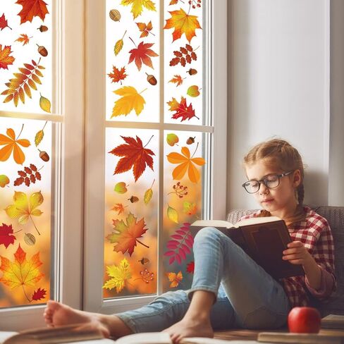 216 قطعة من ملصقات نافذة الخريف لتزيين النوافذ في الخريف والخريف وعيد الشكر وديكورات النوافذ الزجاجية in Kuwait