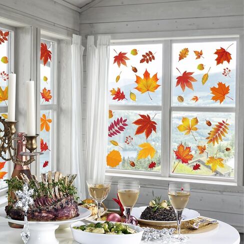 216 قطعة من ملصقات نافذة الخريف لتزيين النوافذ في الخريف والخريف وعيد الشكر وديكورات النوافذ الزجاجية in Kuwait