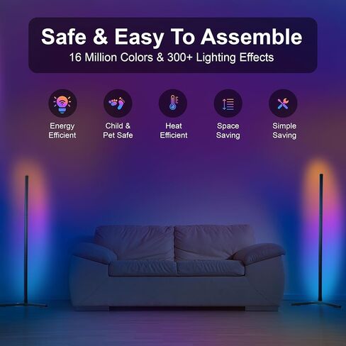 مصباح أرضي للزاوية مكون من قطعتين - مصباح RGB طويل القامة بطول 57 بوصة، وإضاءة عصرية مع 88 مصباح LED، والتحكم في تطبيق Bluetooth، وقاعدة قوية لإعداد سهل in Saudi Arabia