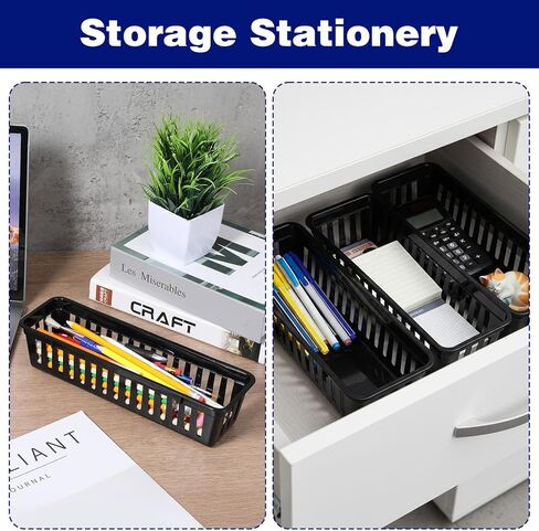 24PCS Slim Storage Baskets Tray, 10x3x2.4 Inch Flat Plastic Storage Bin, Stackable Narrow Rectangular Desk Drawer Organizer Trays for Makeup Bathroom Kitchen Office Desktop Supplies(Black) in Saudi Arabia