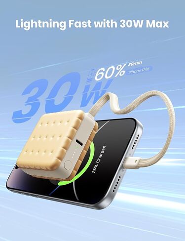 WSKEN لشاحن باور بانك محمول سريع الشحن بقدرة 30 وات، حزمة بطارية 10000 مللي أمبير في الساعة مع كابلات USB-C مدمجة، صغير الحجم، باور بانك للهاتف الخلوي للسفر لسلسلة iPhone 17/16، سامسونج - بيج in Kuwait