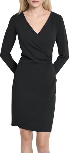 DKNY Women's Long Sleeve Surplice Neck Scuba Crepe Faux Wrap with Double D Metal Hardware Mini Dress in Saudi Arabia