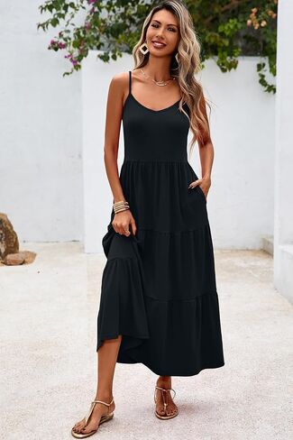 Halife Womens Flowy Tiered Maxi Dress Sleeveless Summer Sundresses Adjustable Straps Long Beach Sun Dresses with Pockets in Kuwait