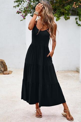 Halife Womens Flowy Tiered Maxi Dress Sleeveless Summer Sundresses Adjustable Straps Long Beach Sun Dresses with Pockets in Kuwait