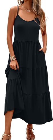 Halife Womens Flowy Tiered Maxi Dress Sleeveless Summer Sundresses Adjustable Straps Long Beach Sun Dresses with Pockets in Kuwait