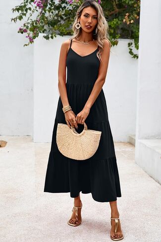 Halife Womens Flowy Tiered Maxi Dress Sleeveless Summer Sundresses Adjustable Straps Long Beach Sun Dresses with Pockets in Kuwait