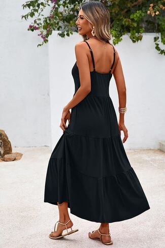 Halife Womens Flowy Tiered Maxi Dress Sleeveless Summer Sundresses Adjustable Straps Long Beach Sun Dresses with Pockets in Kuwait